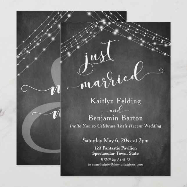 Chalkboard Lights Modern Calligraphy Just Married Invitation (Front/Back)