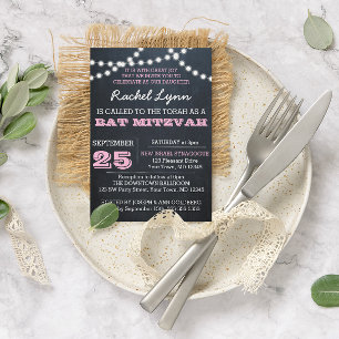 Chalkboard Lights Pink Bat Mitzvah Invitation