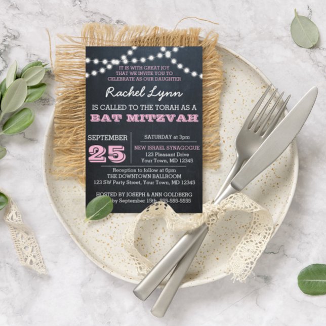 Chalkboard Lights Pink Bat Mitzvah Invitation (Creator Uploaded)