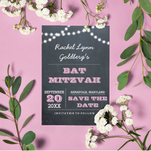 Chalkboard Lights Pink Bat Mitzvah Save the Date Announcement Postcard