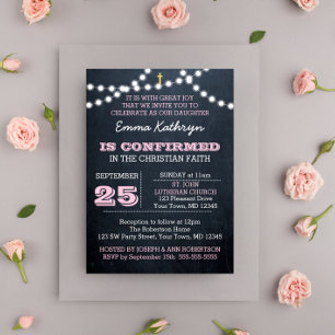 Chalkboard Lights Pink Confirmation Invitation
