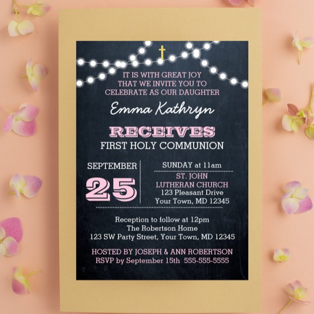 Chalkboard Lights Pink First Communion Invitation (Creator Uploaded)