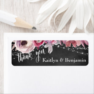 Chalkboard, Lights Pink Flowers Thank You Return Address Label
