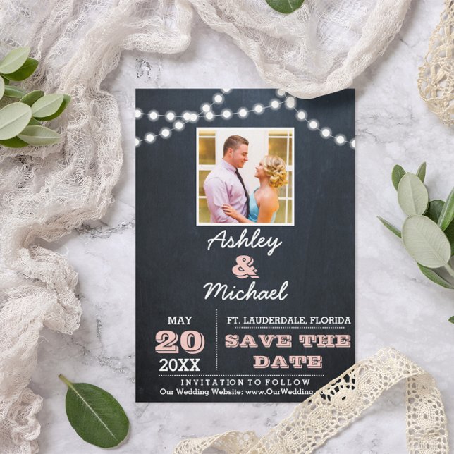 Chalkboard Lights Pink Wedding Save the Date Announcement Postcard (Creator Uploaded)