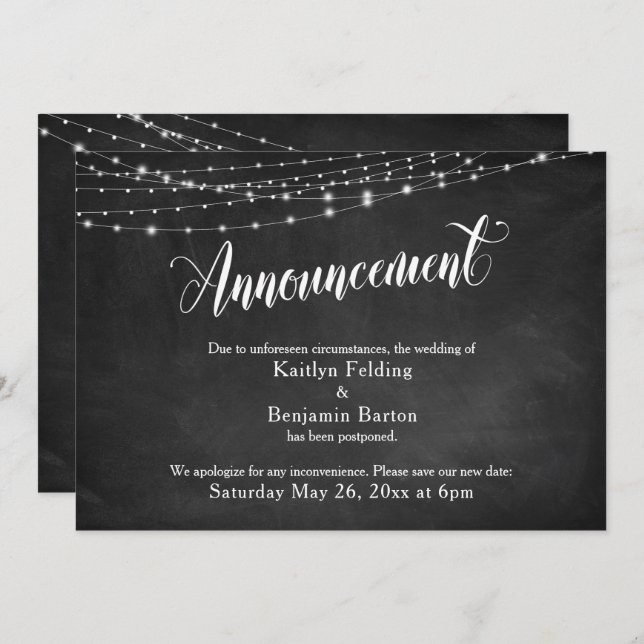 Chalkboard & Lights Postponed Wedding Announcement (Front/Back)
