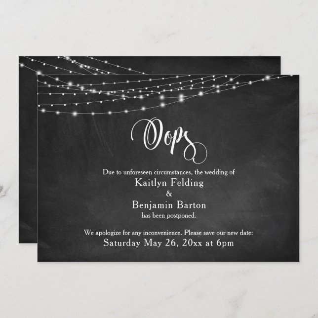 Chalkboard & Lights Postponed Wedding Humour "Oops Invitation (Front/Back)