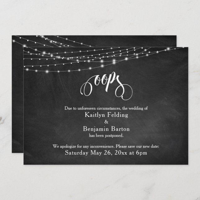 Chalkboard & Lights Postponed Wedding Humour "Oops Invitation (Front/Back)