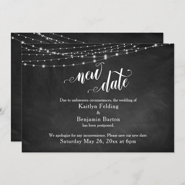 Chalkboard & Lights Postponed Wedding "New Date" Invitation (Front/Back)