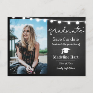 Chalkboard Lights Script Graduate   Save The Date Postcard