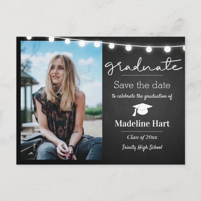 Chalkboard Lights Script Graduate | Save The Date Postcard (Front)