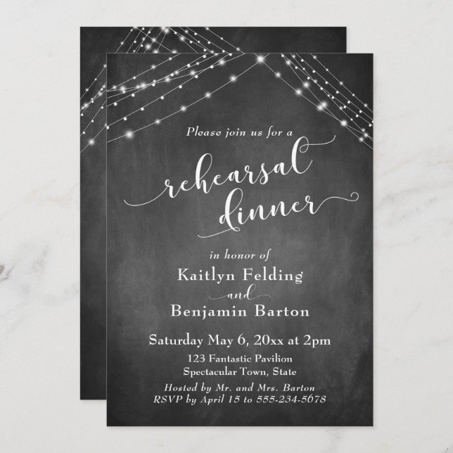 Chalkboard Lights Script Wedding Rehearsal Dinner Invitation (Front/Back)