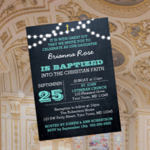 Chalkboard Lights Teal Baptism Invitation