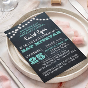 Chalkboard Lights Teal Bat Mitzvah Invitation