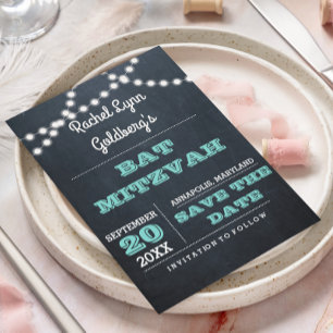 Chalkboard Lights Teal Bat Mitzvah Save the Date