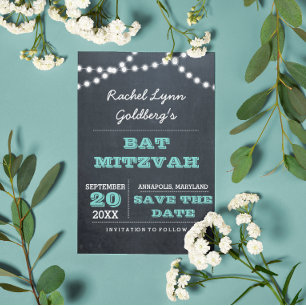 Chalkboard Lights Teal Bat Mitzvah Save the Date Announcement Postcard