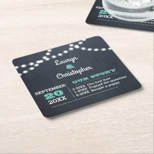 Chalkboard Lights Teal Personalised Wedding Square Paper Coaster