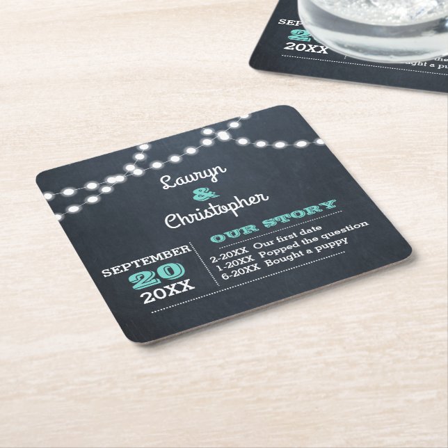 Chalkboard Lights Teal Personalised Wedding Square Paper Coaster (Angled)