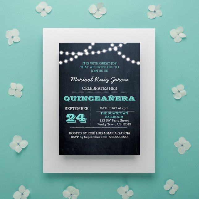 Chalkboard Lights Teal Quinceañera Invitation (Creator Uploaded)
