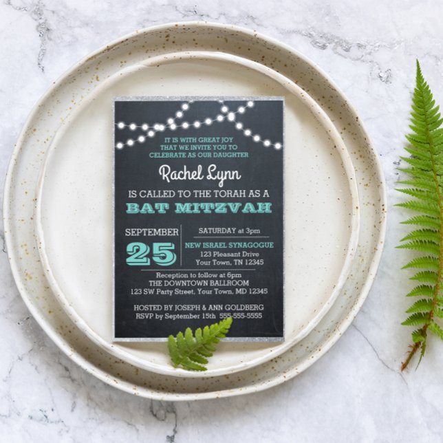 Chalkboard Lights Teal Silver Border Bat Mitzvah Invitation (Creator Uploaded)