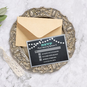 Chalkboard Lights Teal Silver Border Entree RSVP Card
