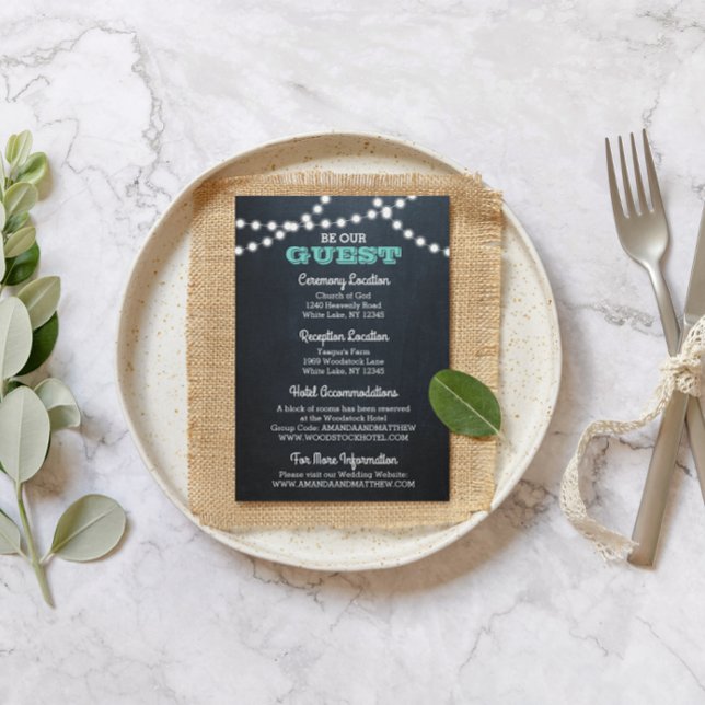 Chalkboard Lights Teal Wedding Information Card (Creator Uploaded)
