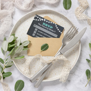 Chalkboard Lights Teal Wedding RSVP Card
