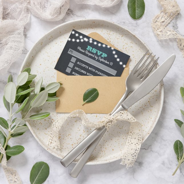 Chalkboard Lights Teal Wedding RSVP Card (Creator Uploaded)