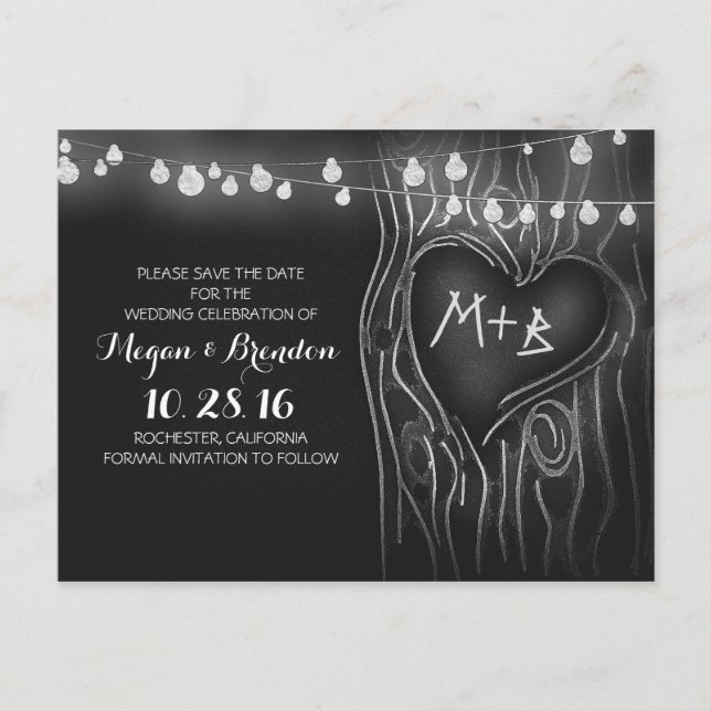 Chalkboard lights tree save the date postcards (Front)