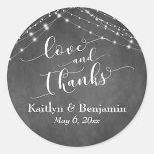 Chalkboard Lights Wedding Script Love and Thanks Classic Round Sticker