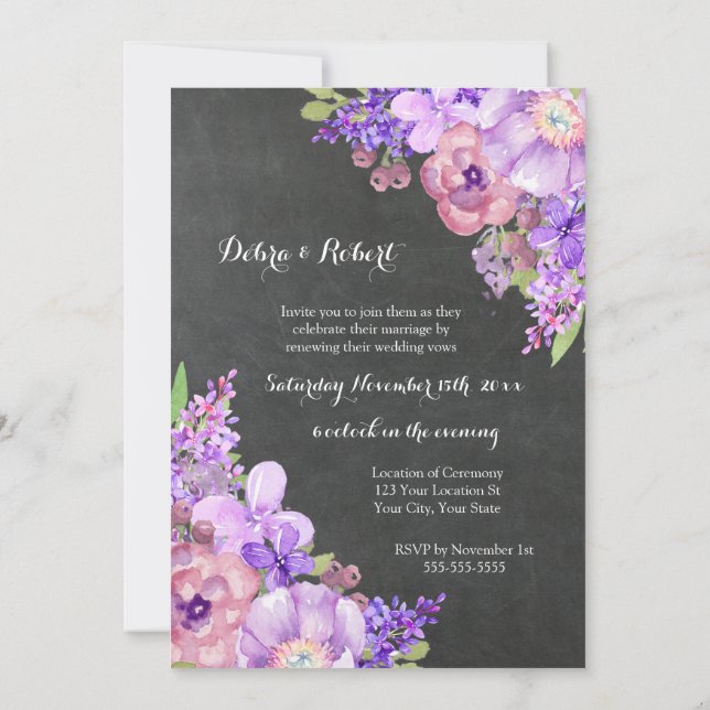 Chalkboard Lilac Purple Flowers Vow Renewal Invitation (Back)