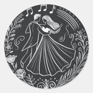 Chalkboard Line Art Dancing Bride Groom Wedding Classic Round Sticker