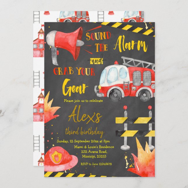Chalkboard Little Firefighter Boy Birthday Invitation (Front/Back)