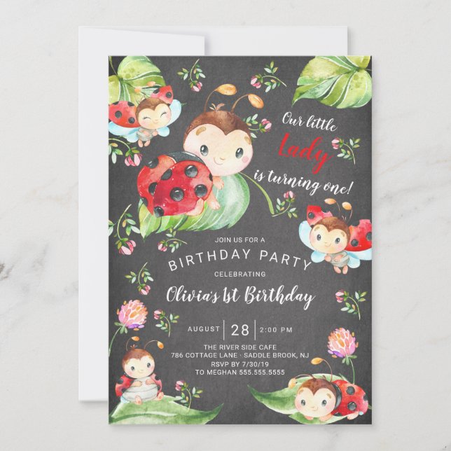 Chalkboard Little Lady Ladybug 1st Birthday Invitation (Front)