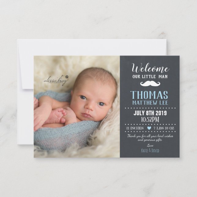 Chalkboard Little Man Moustache Boy Photo Birth Announcement (Front)