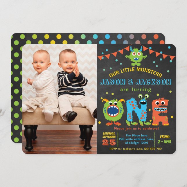 Chalkboard little monster twins 1st birthday party invitation (Front/Back)
