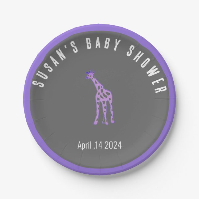 Chalkboard look baby shower - purple giraffe paper plate (Front)