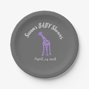 Chalkboard look baby shower - purple giraffe paper plate