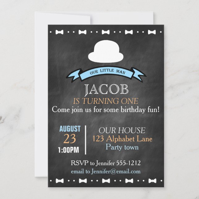 Chalkboard look boy's first birthday invitation (Front)