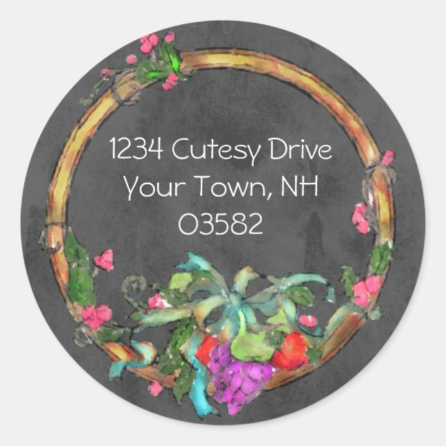 Chalkboard Look Wreath with Return Address Classic Round Sticker (Front)