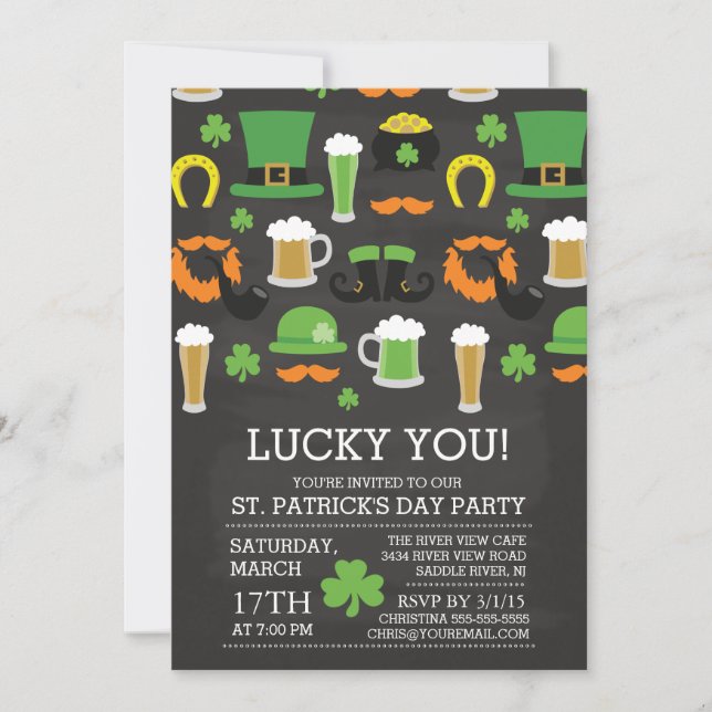 Chalkboard Lucky You St Patrick's Day Dinner Party Invitation (Front)