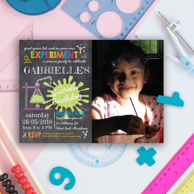 Chalkboard Mad Science Party Birthday Invitation (Put on your lab coat and get ready for an incredible party with our Science Party Invitation.)