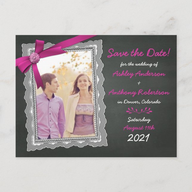 Chalkboard Magenta Bow Photo Wedding Save the Date Announcement Postcard (Front)