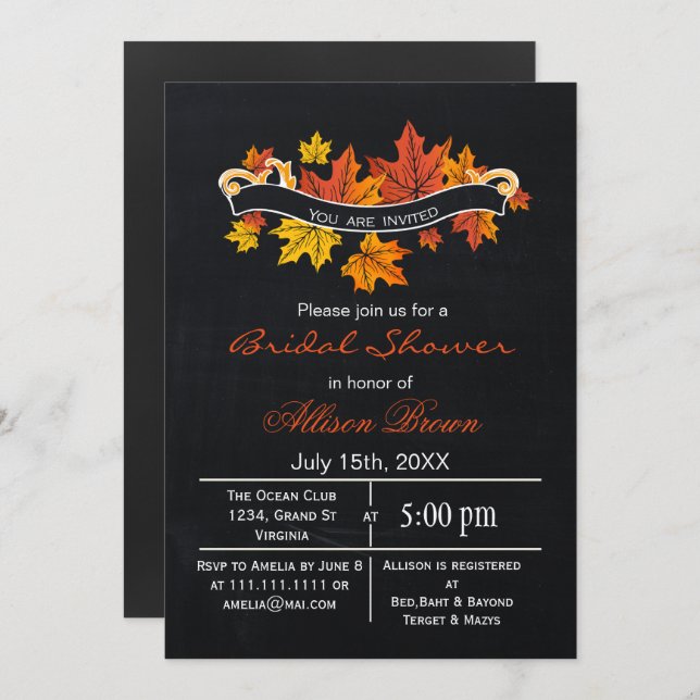 chalkboard maple leaves fall bridal shower invitation (Front/Back)