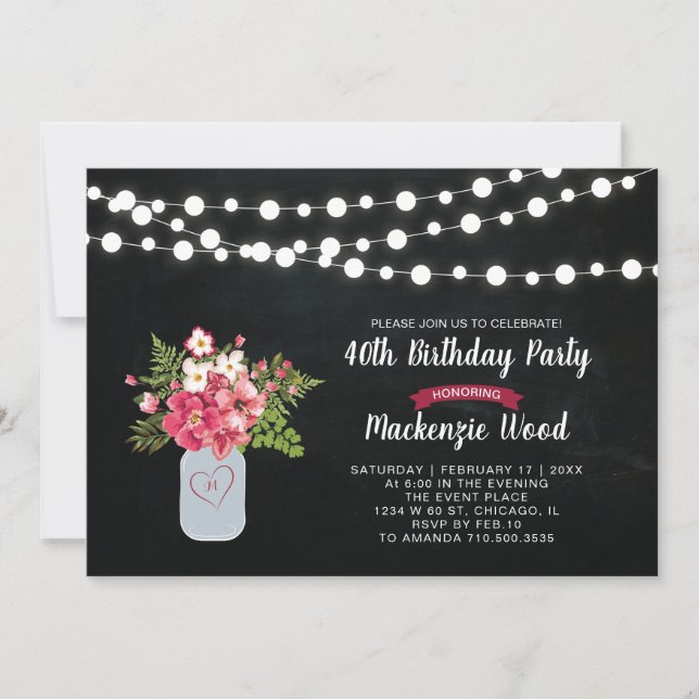 Chalkboard, Mason Jar 40th Birthday Invitation (Front)