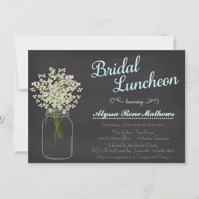 Chalkboard Mason Jar Baby's Breath Bridal Luncheon Invitation (Front)