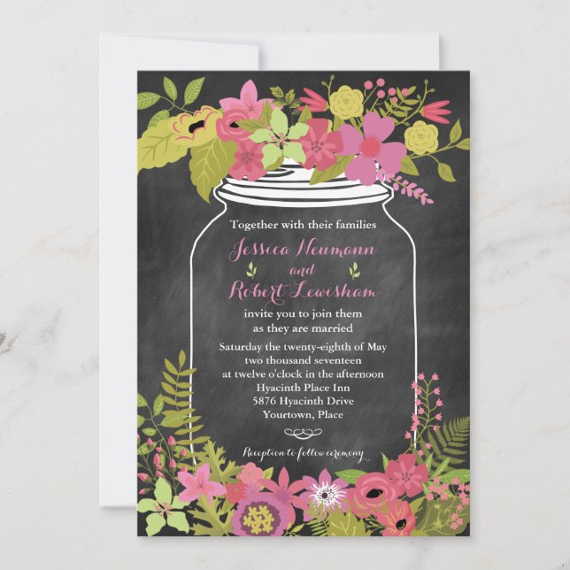 Chalkboard Mason Jar Coral Pink Floral Wedding Invitation (Front)
