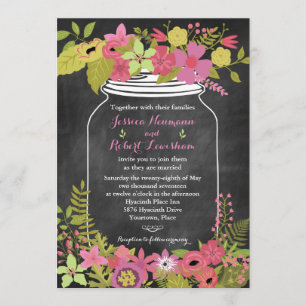 Chalkboard Mason Jar Coral Pink Floral Wedding Invitation