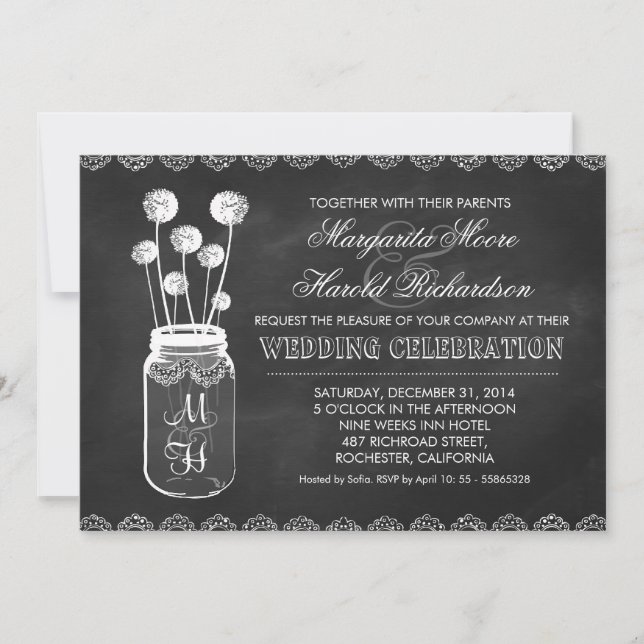 Chalkboard mason jar dandelions wedding invitation (Front)