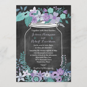 Chalkboard Mason Jar Purple Aqua Floral Wedding Invitation