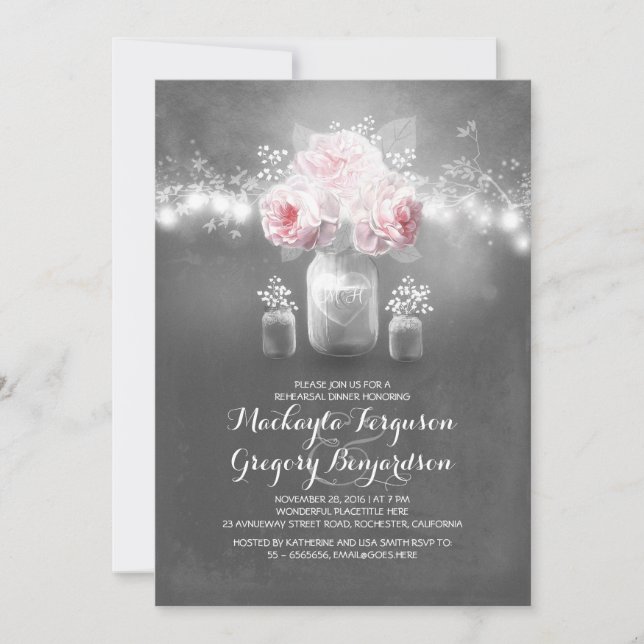 Chalkboard mason jar rustic rehearsal dinner invitation (Front)